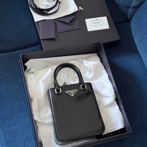 Prada Small Brushed Leather Black Tote - Crossbody Bag
